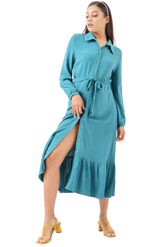 Ladies Frill Button Dress - Teal