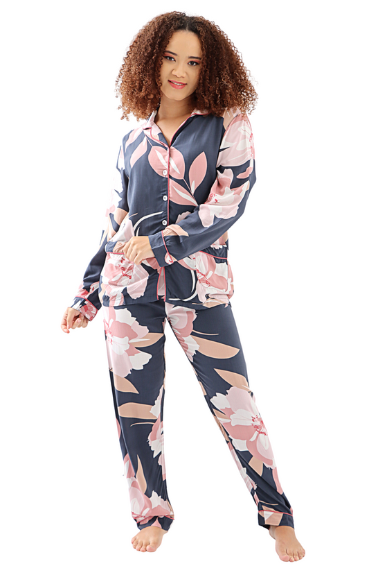 Ladies' Hibiscus Long Sleeve Pyjama Set - Navy