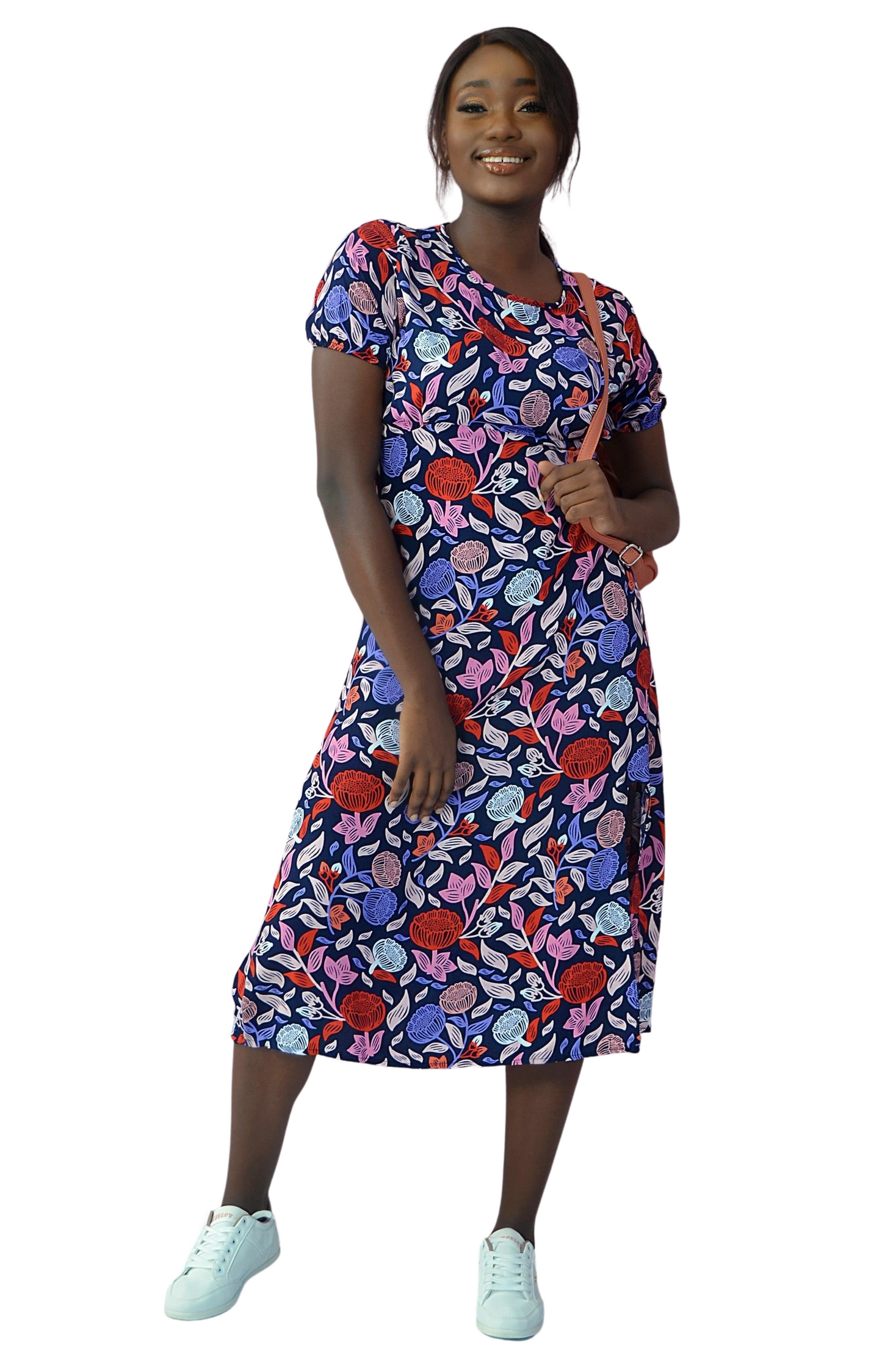 Ladies Short Sleeve Floral Dress - Navy