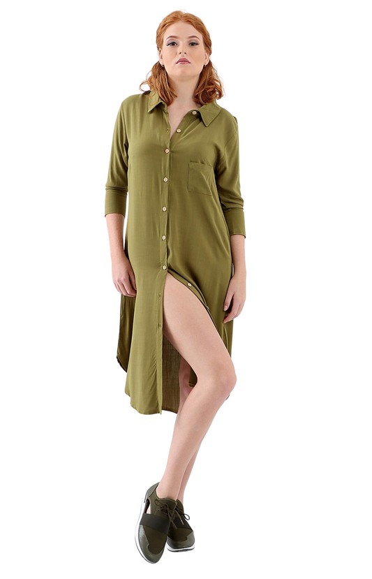 Ladies 3/4 Sleeve Button Front Dress - Olive