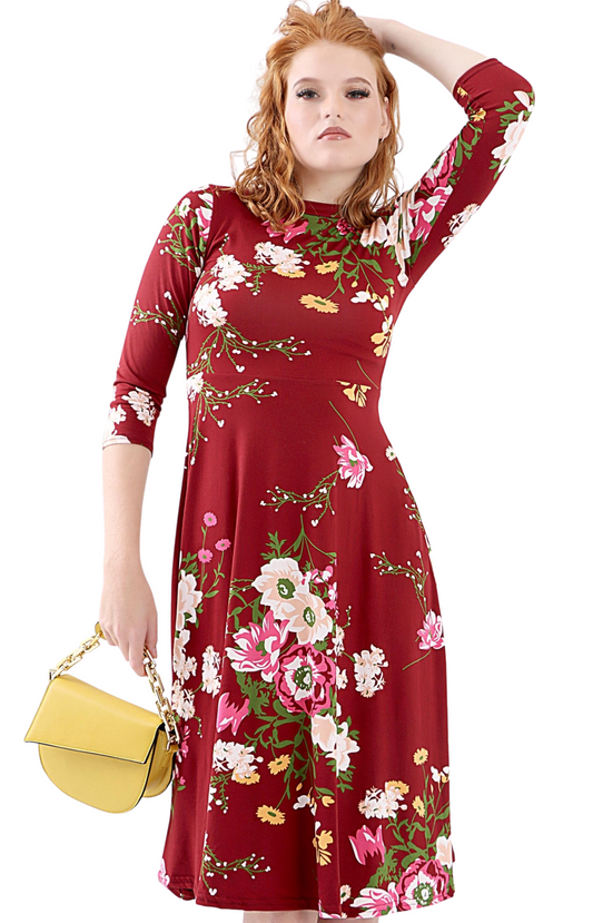 Ladies Floral Print Tie Up Back Dress - Burgundy