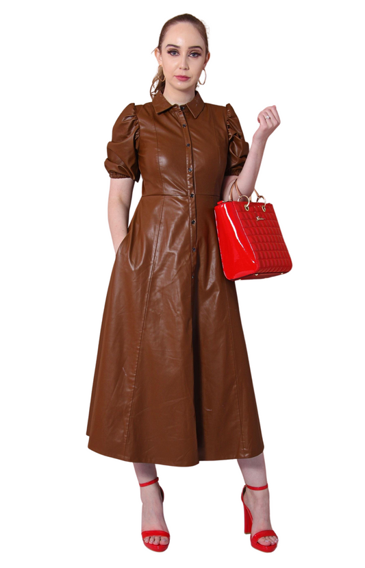 Ladies' Puff Sleeve Pleather Dress - Brown