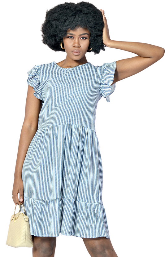 Ladies Striped Tiered Dress - Navy