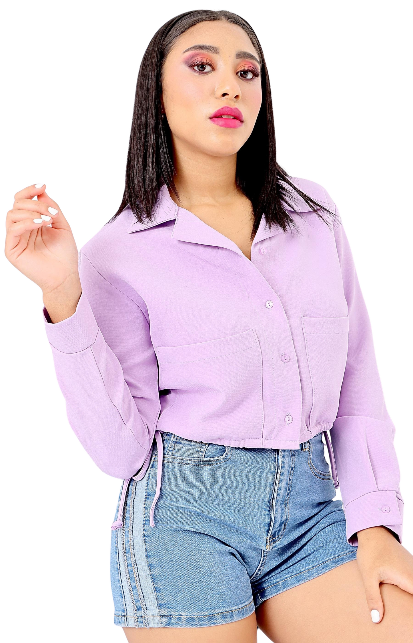 Ladies Long Sleeve Crop Blouse - Purple