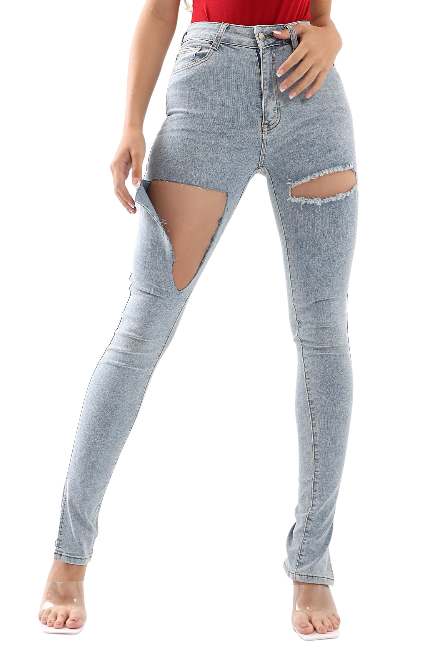 Ladies Ripped Denim Jeans - Light Blue