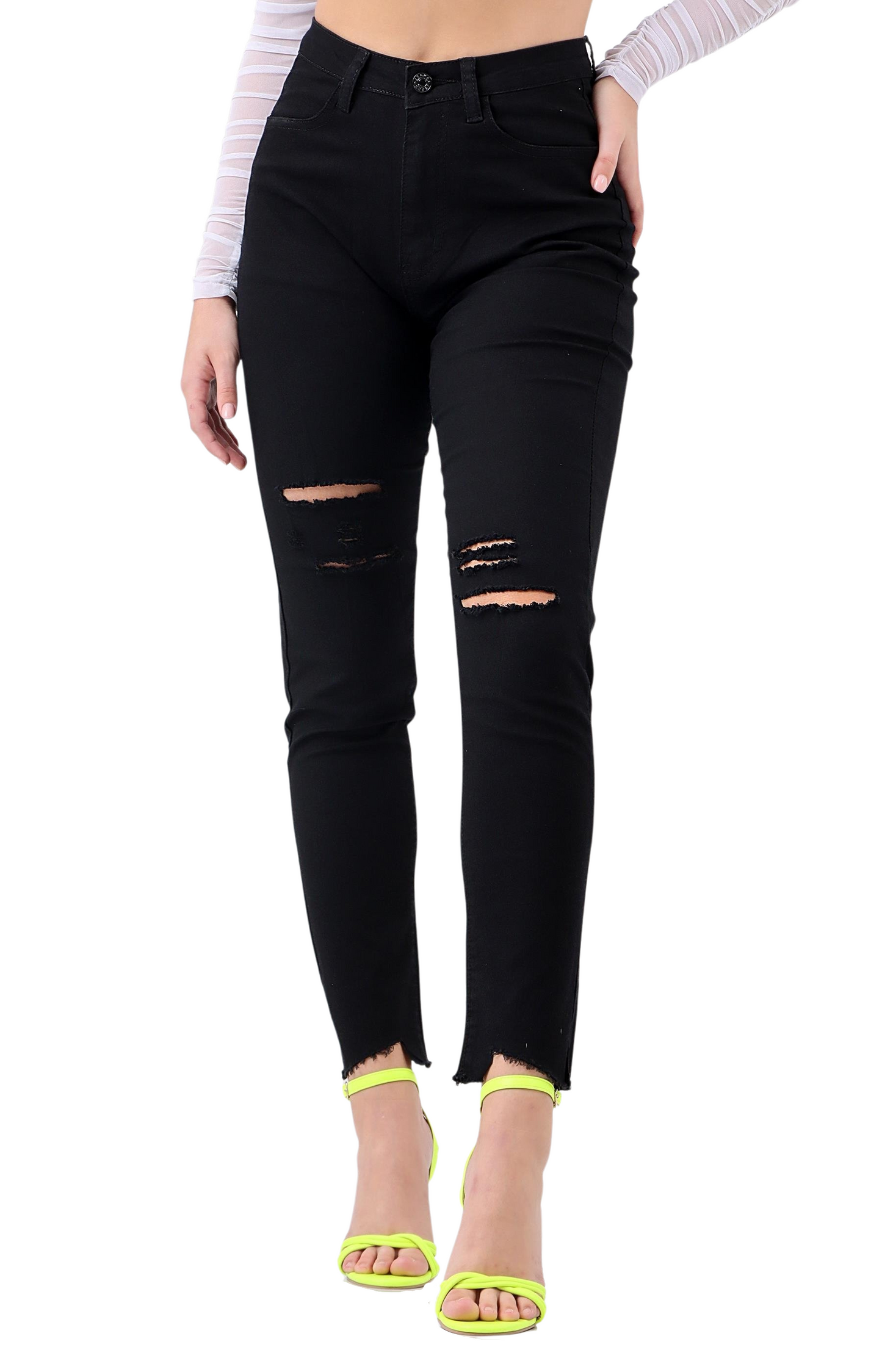 Ladies Ripped Pencil Jeans - Black