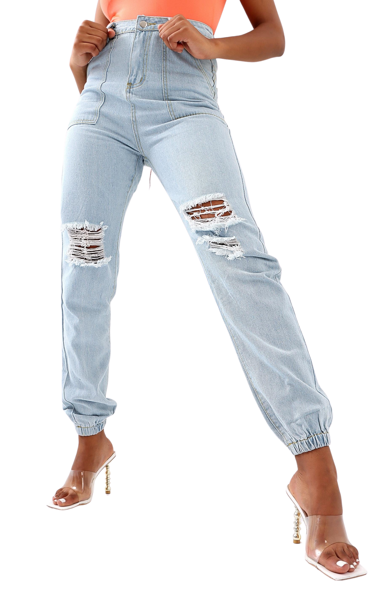 Ladies Ripped Denim Jogger Jeans - Light Blue