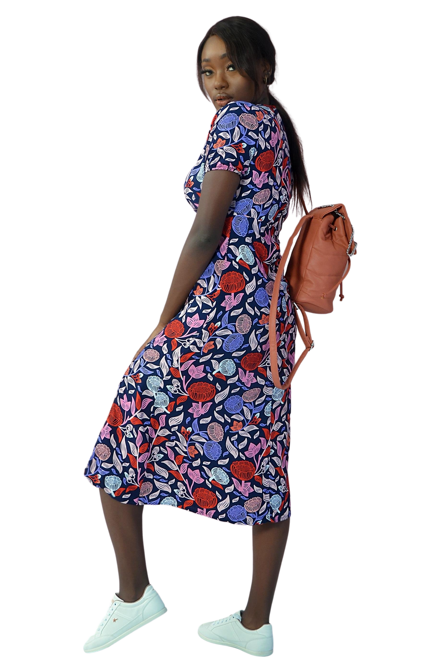 Ladies Short Sleeve Floral Dress - Navy