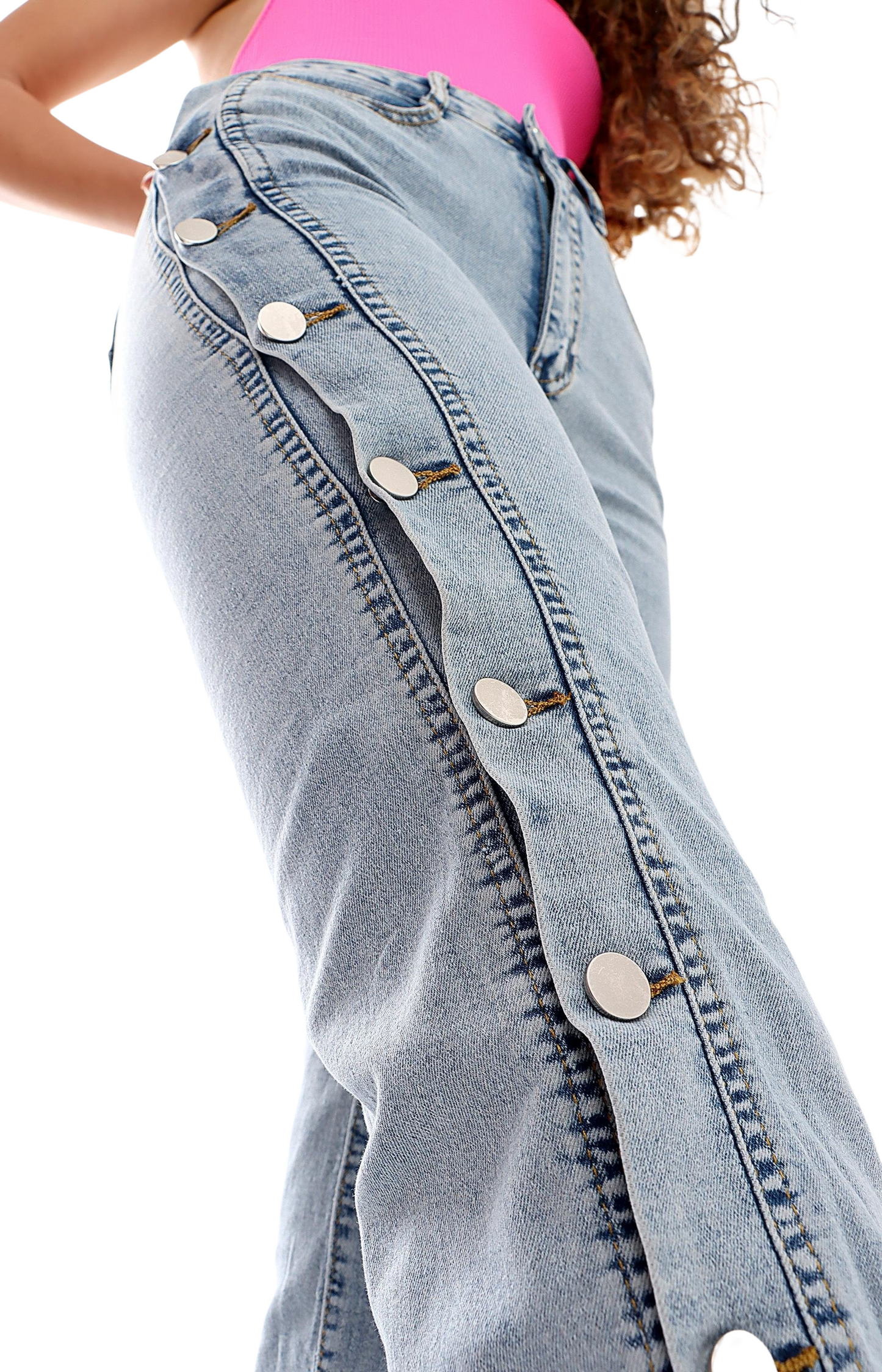 Ladies Side Button Denim Jeans - Blue