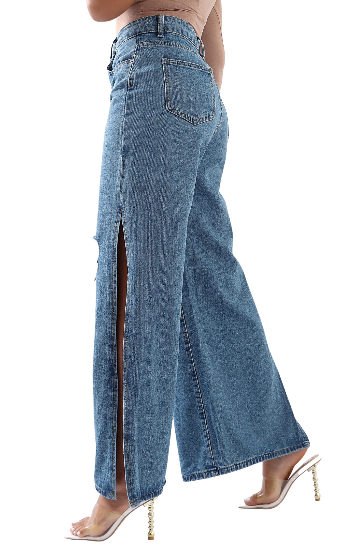 Ladies Side Slit Ripped Denim Jeans - Blue