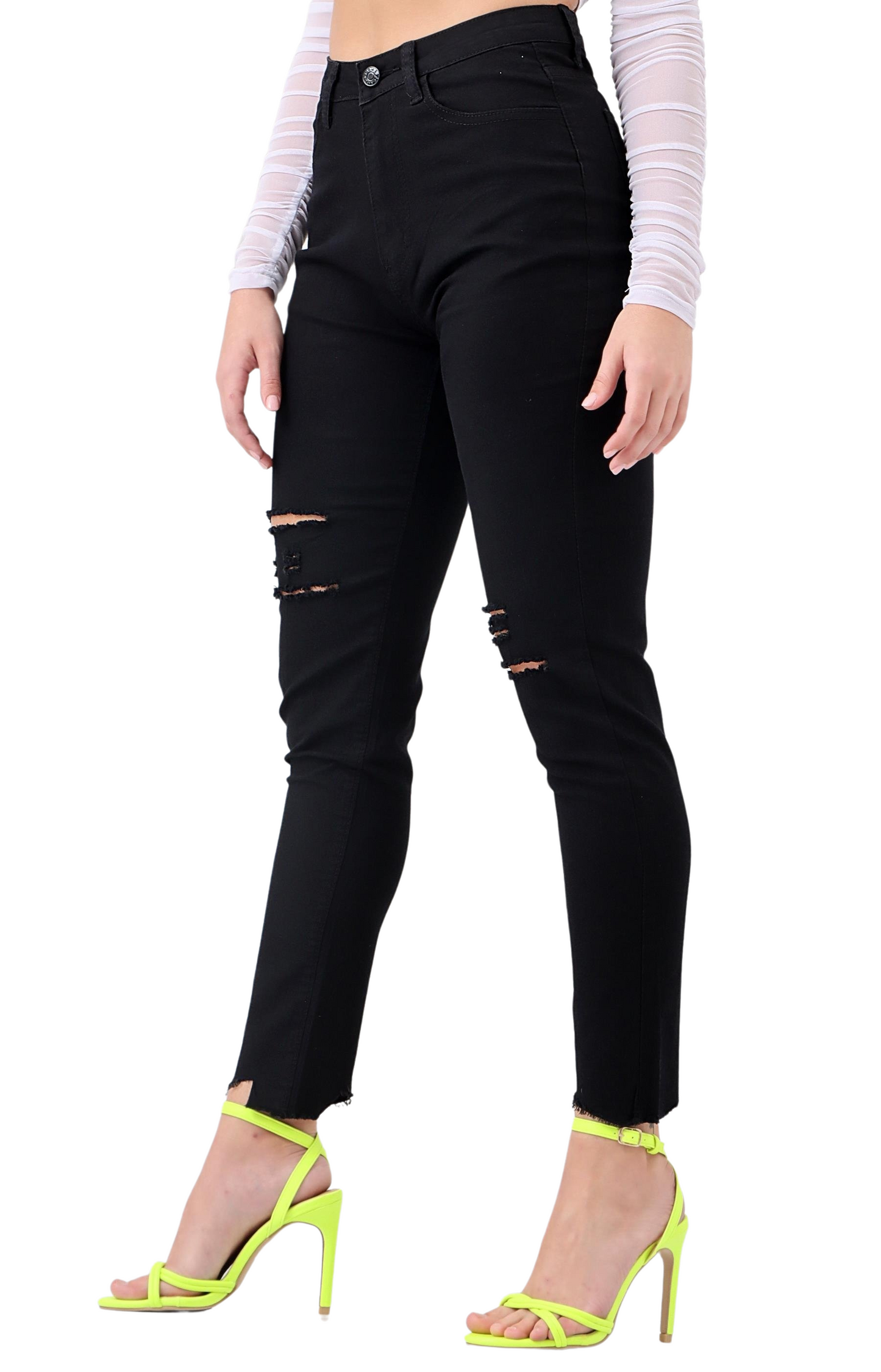 Ladies Ripped Pencil Jeans - Black