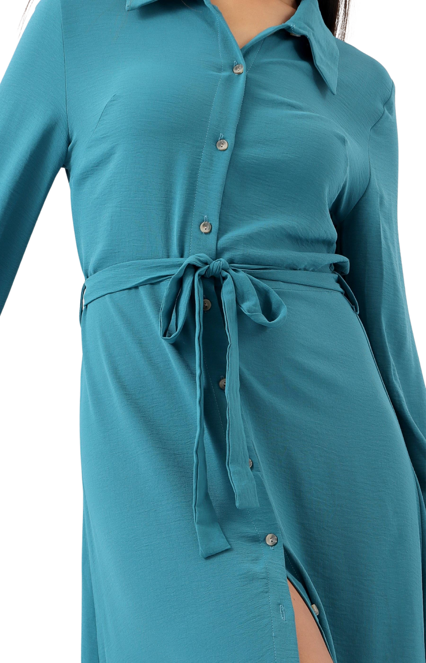 Ladies Frill Button Dress - Teal