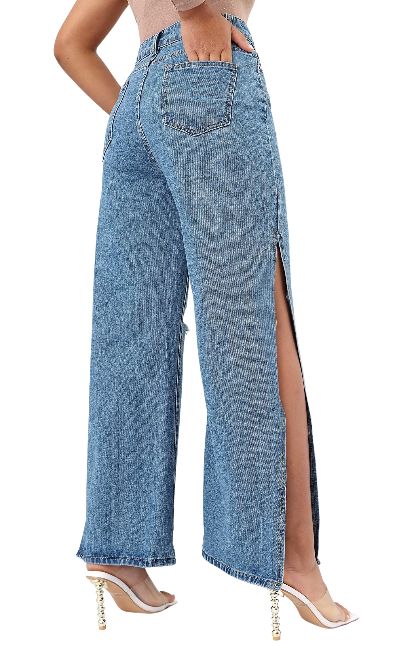 Ladies Side Slit Ripped Denim Jeans - Blue