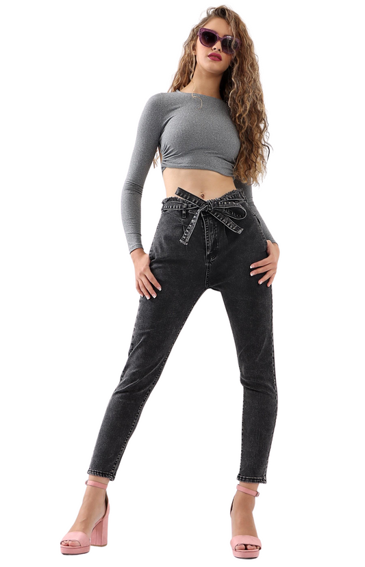 Ladies High Waist Denim Jeans - Black