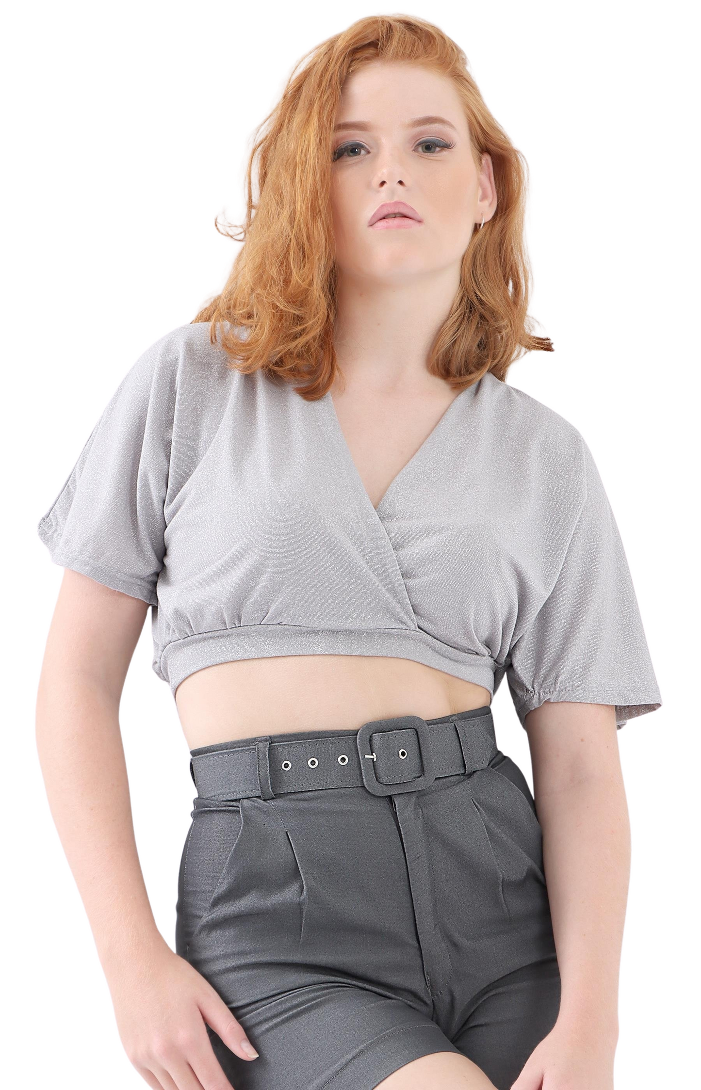 Ladies Cross Over Crop Top - Grey