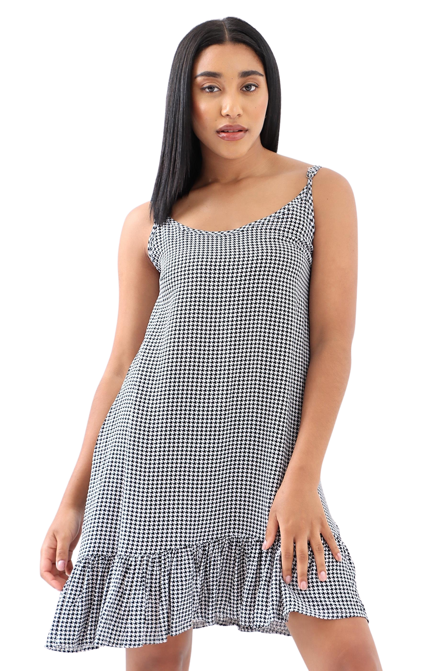 Ladies Short Strappy Tiered Dress - Black-White