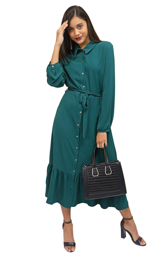 Ladies' Frill Button Dress - Green