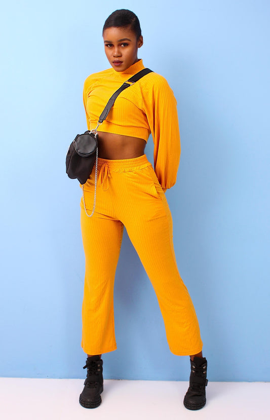 Ladies 2 Piece Ribbed Tracksuit Set - Mustard