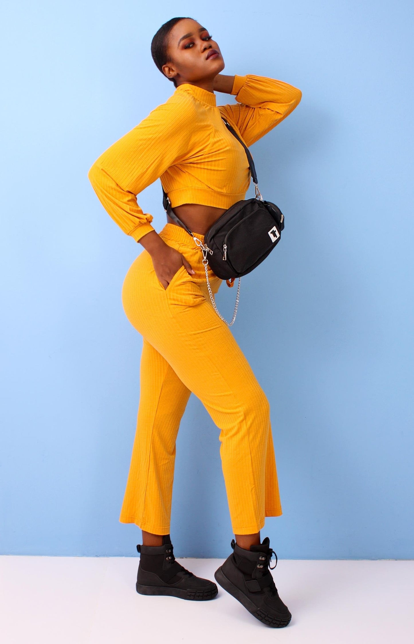 Ladies 2 Piece Ribbed Tracksuit Set - Mustard