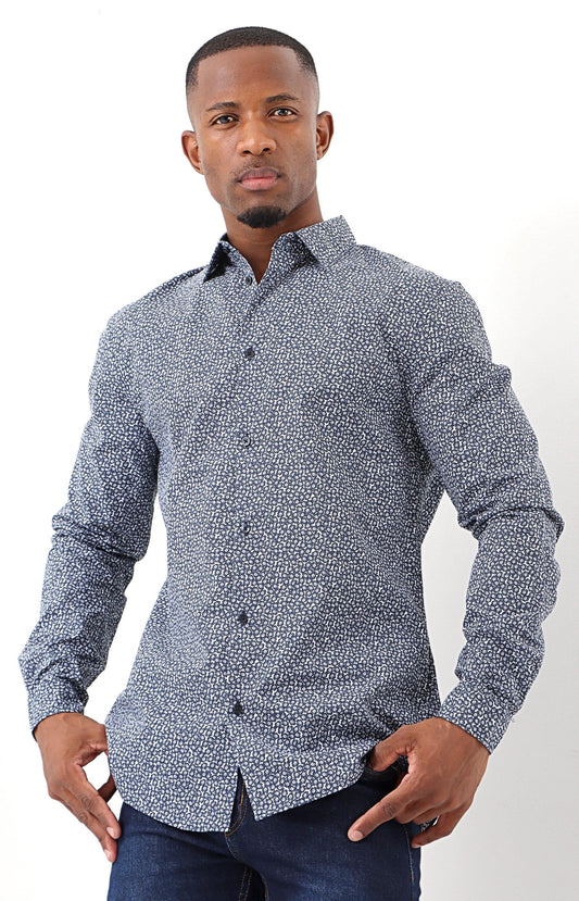 Mens Long Sleeve Printed Shirt - White-Navy