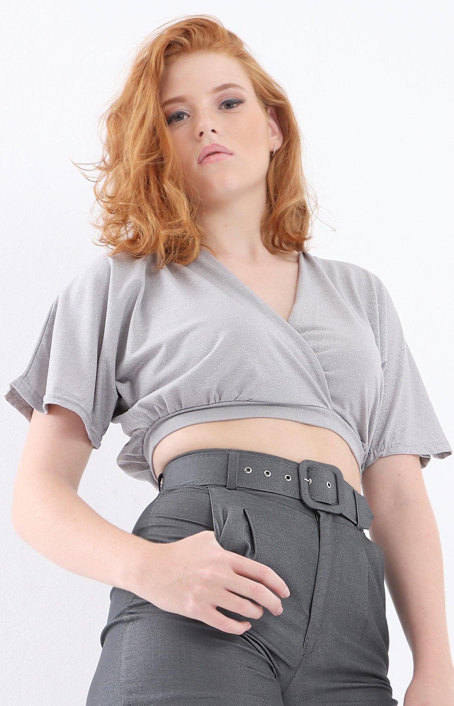 Ladies Cross Over Crop Top - Grey