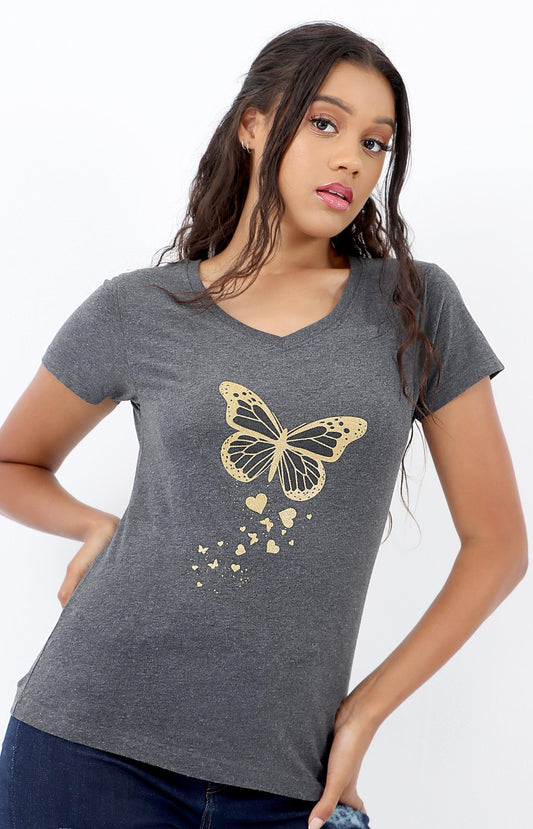 Ladies Butterfly Print T-Shirt - Gold