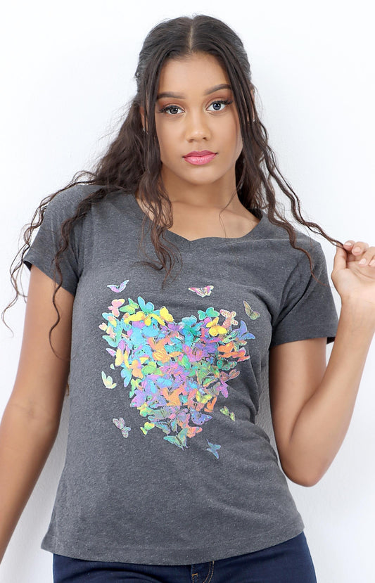 Ladies Heart Print T-Shirt - Grey Multi