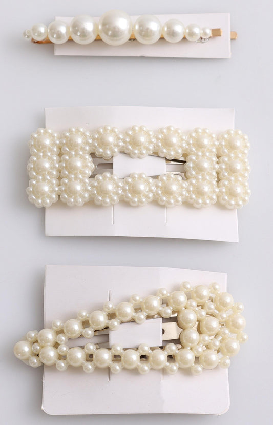 Ladies 3 Piece Pearl Hair Clips - White