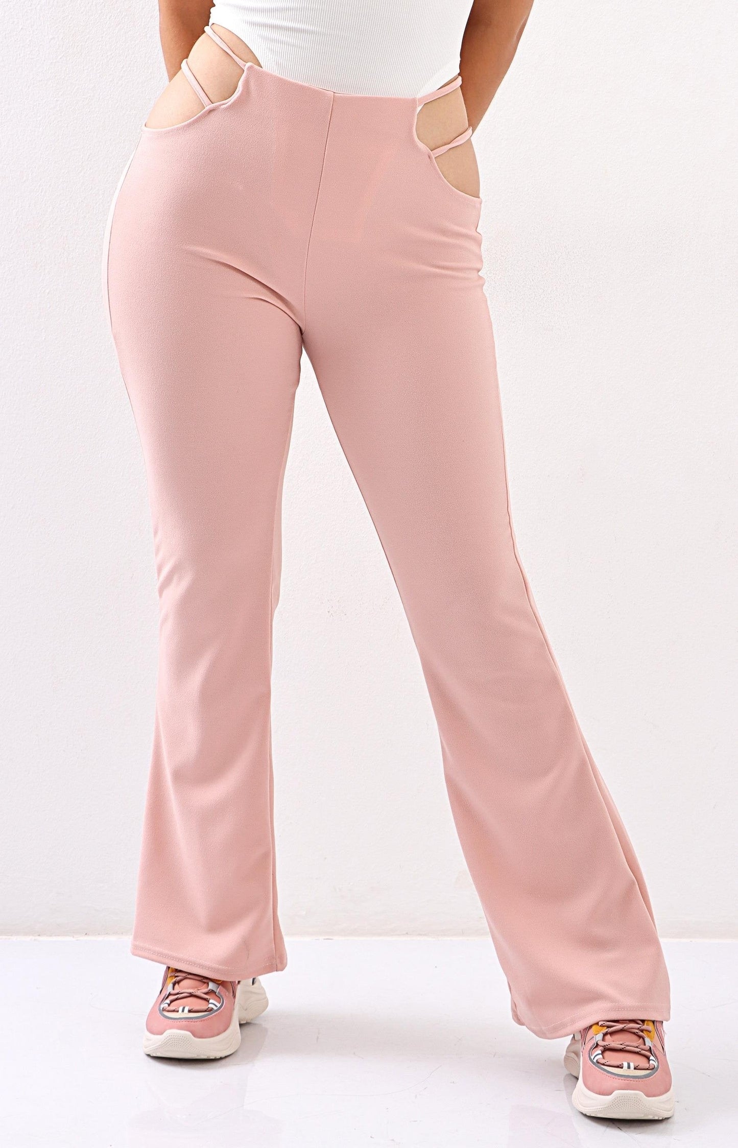 Ladies Side Cut Out Flared Pants - Blush