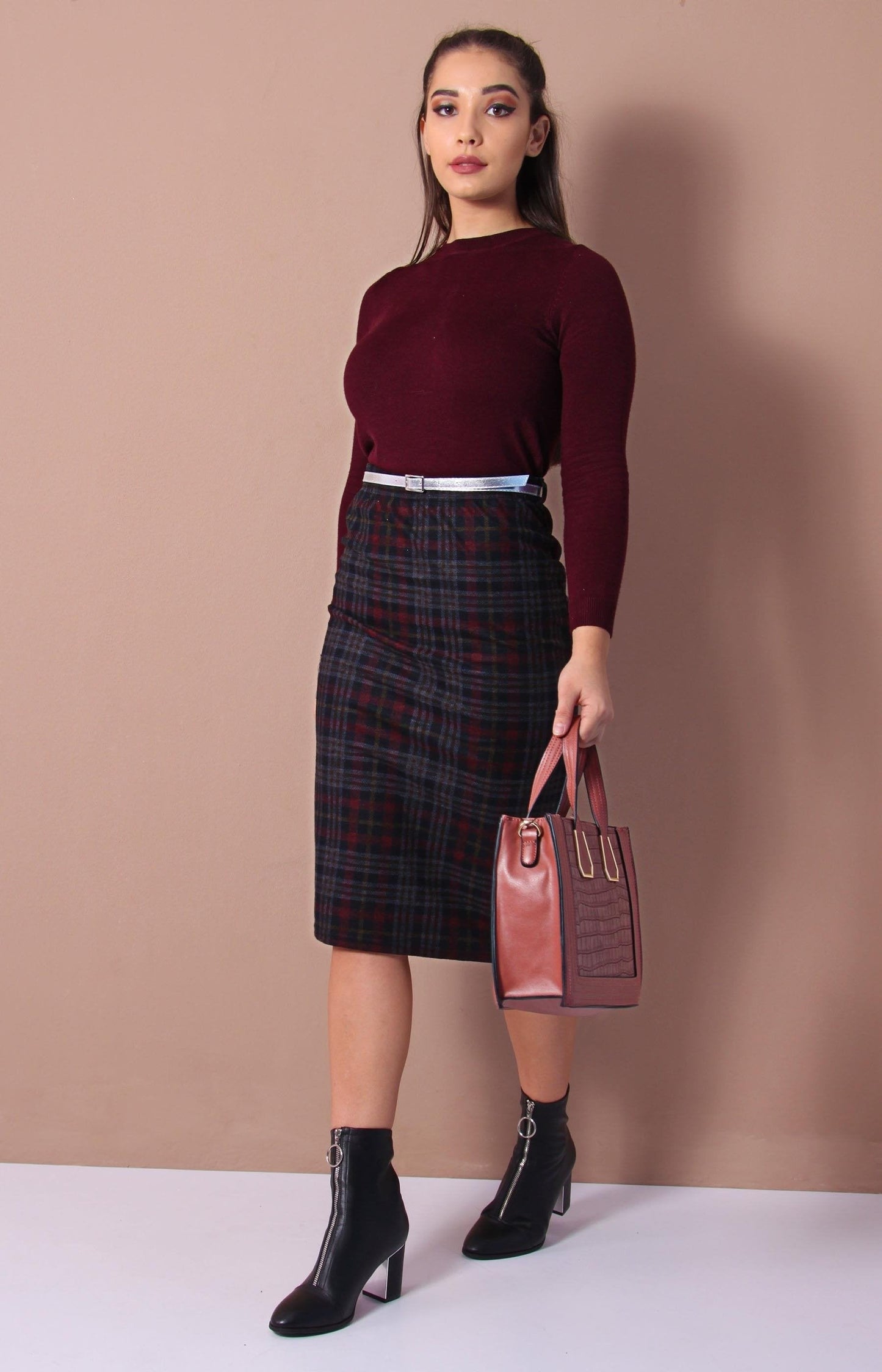 Ladies' Check Skirt - Burgundy