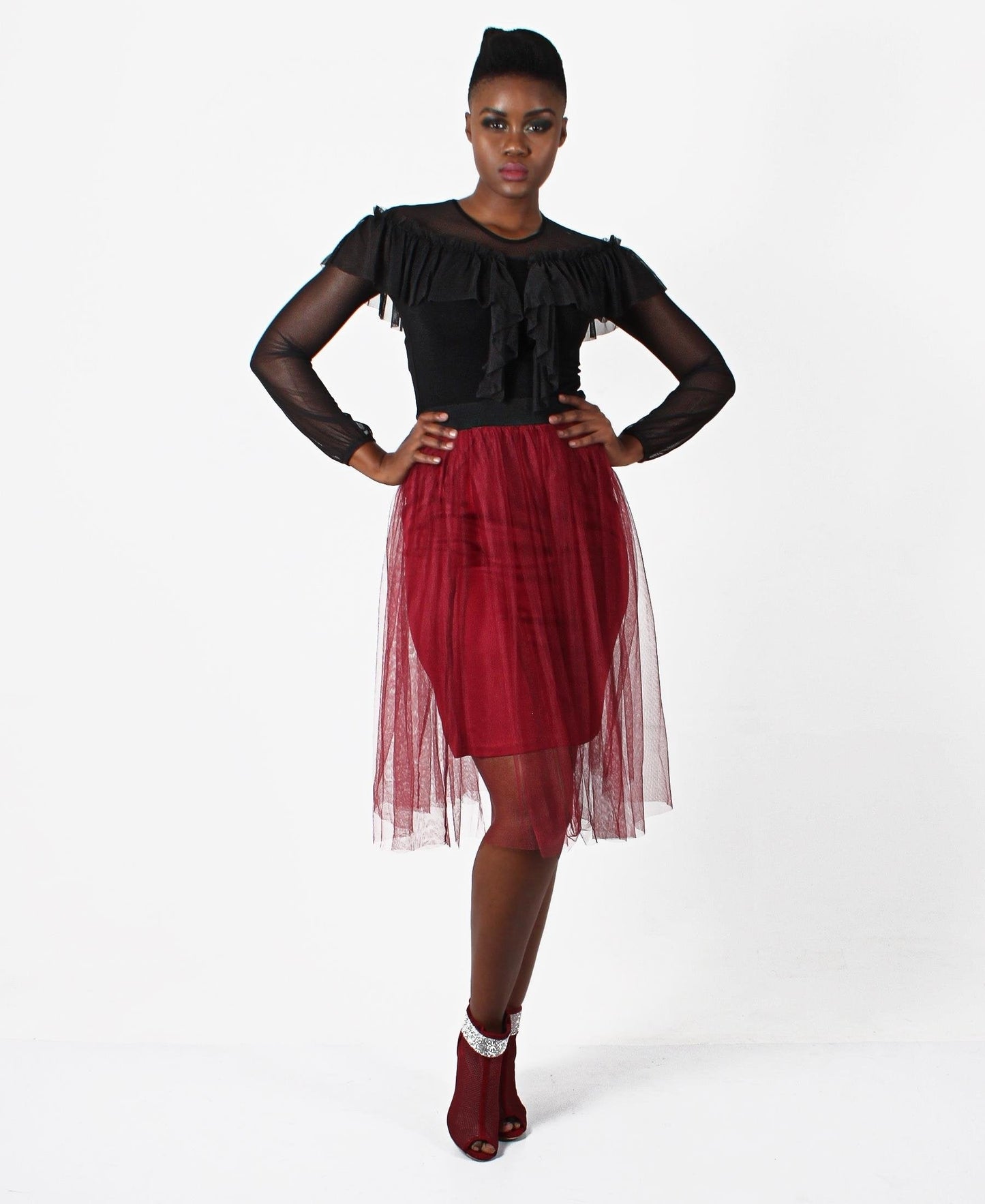 Elastic Waist Tulle Skirt - Burgundy - planet54.com