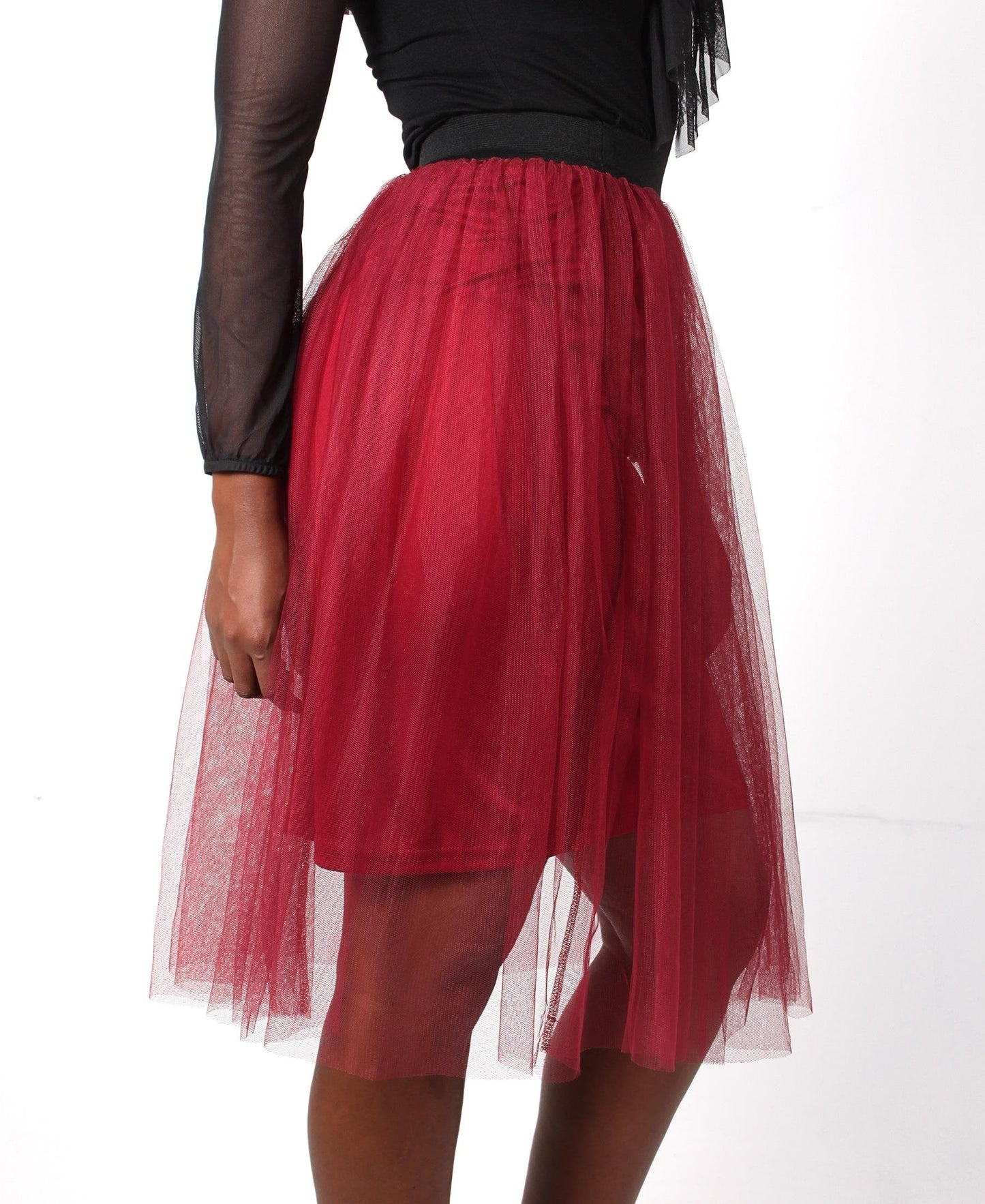 Elastic Waist Tulle Skirt - Burgundy