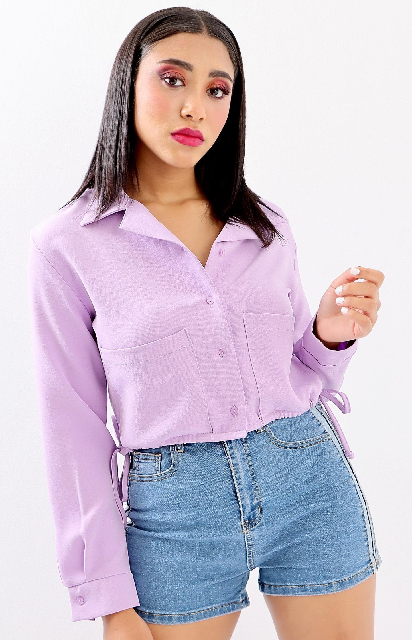 Ladies Long Sleeve Crop Blouse - Purple
