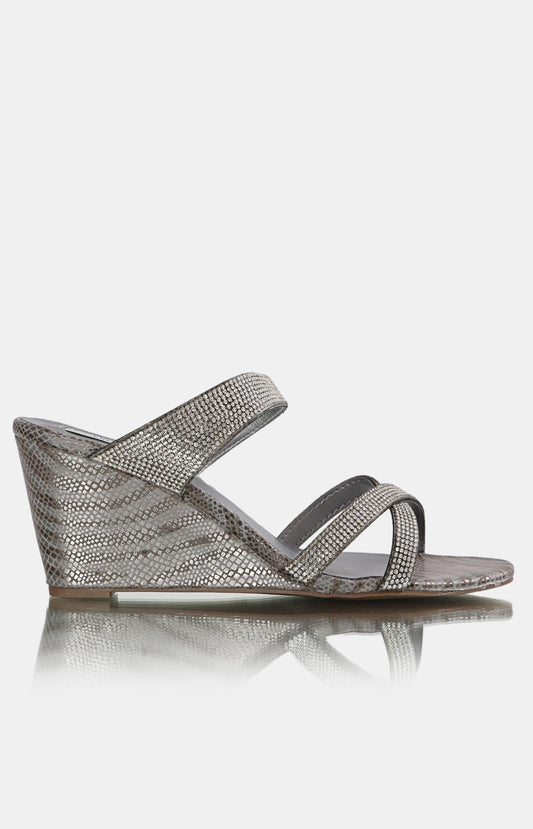 Ladies Diamante Strappy Wedge Sandals - Pewter