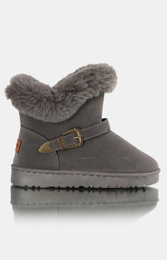 Ladies Ankle Strap Fluff Boots - Grey