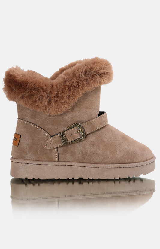 Ladies Ankle Strap Fluff Boots - Brown