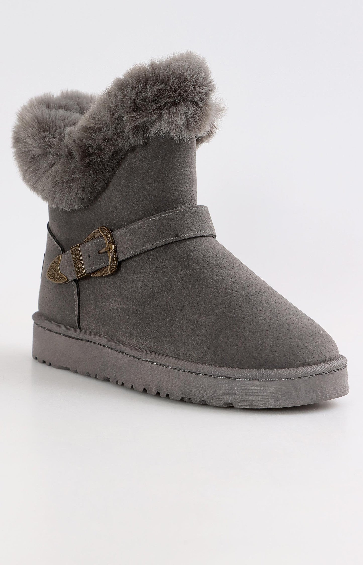 Ladies Ankle Strap Fluff Boots - Grey