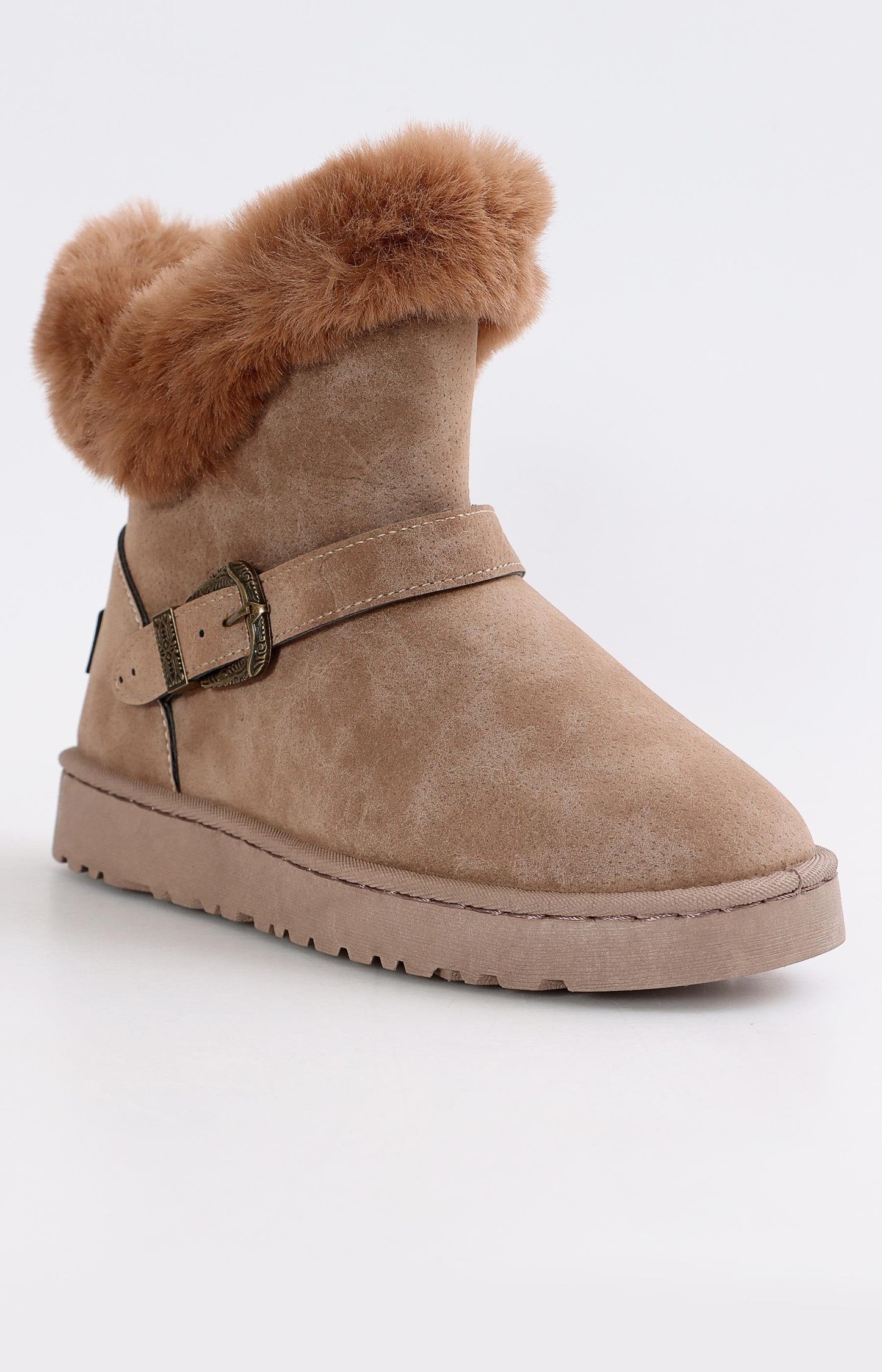 Ladies Ankle Strap Fluff Boots - Brown