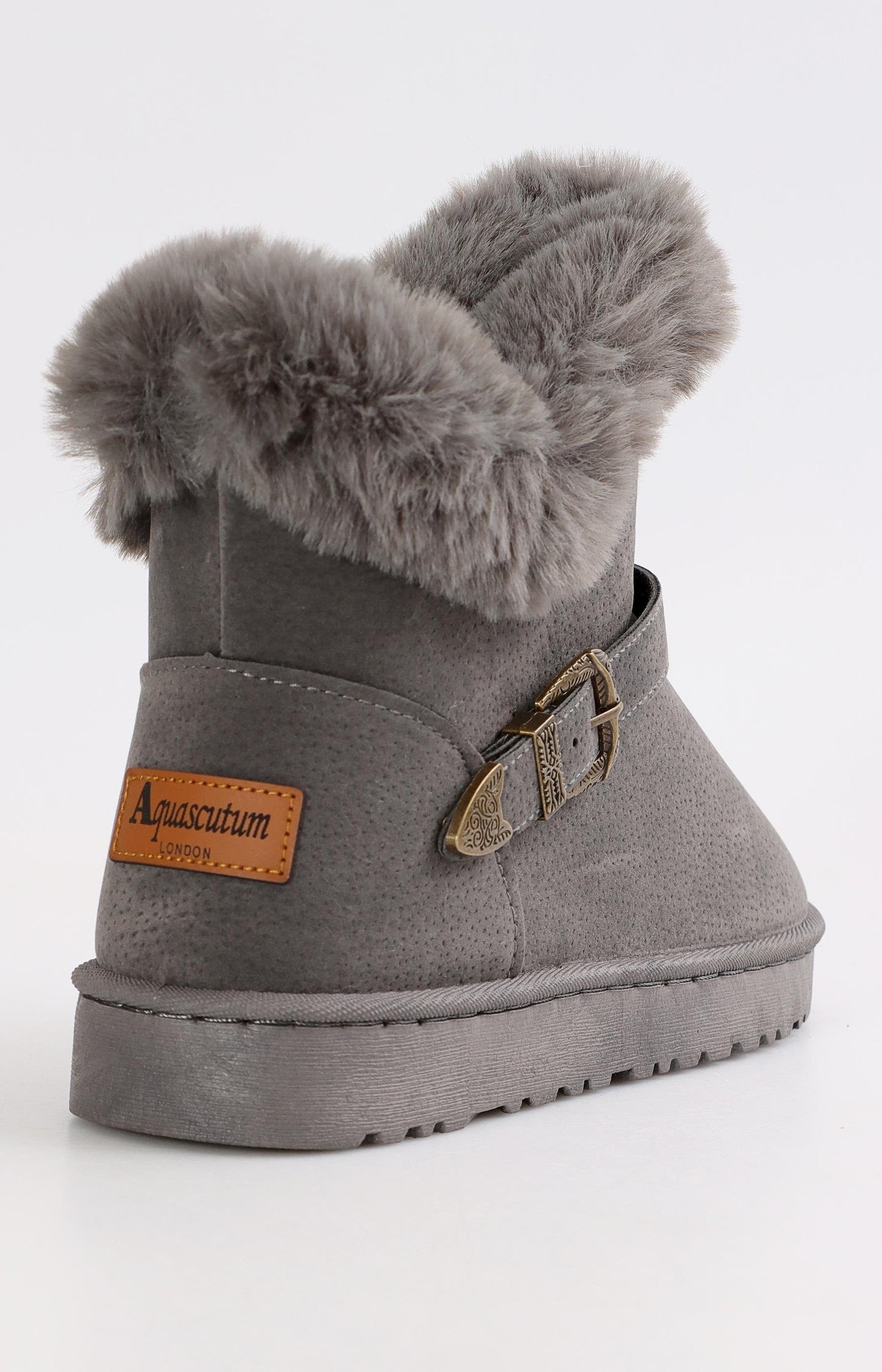 Ladies Ankle Strap Fluff Boots - Grey