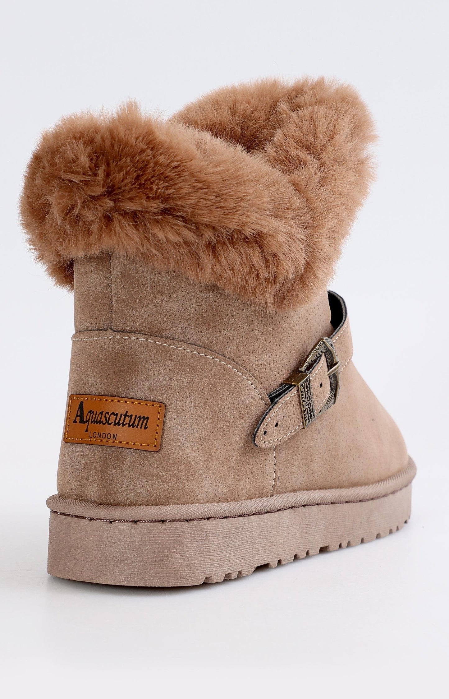 Ladies Ankle Strap Fluff Boots - Brown