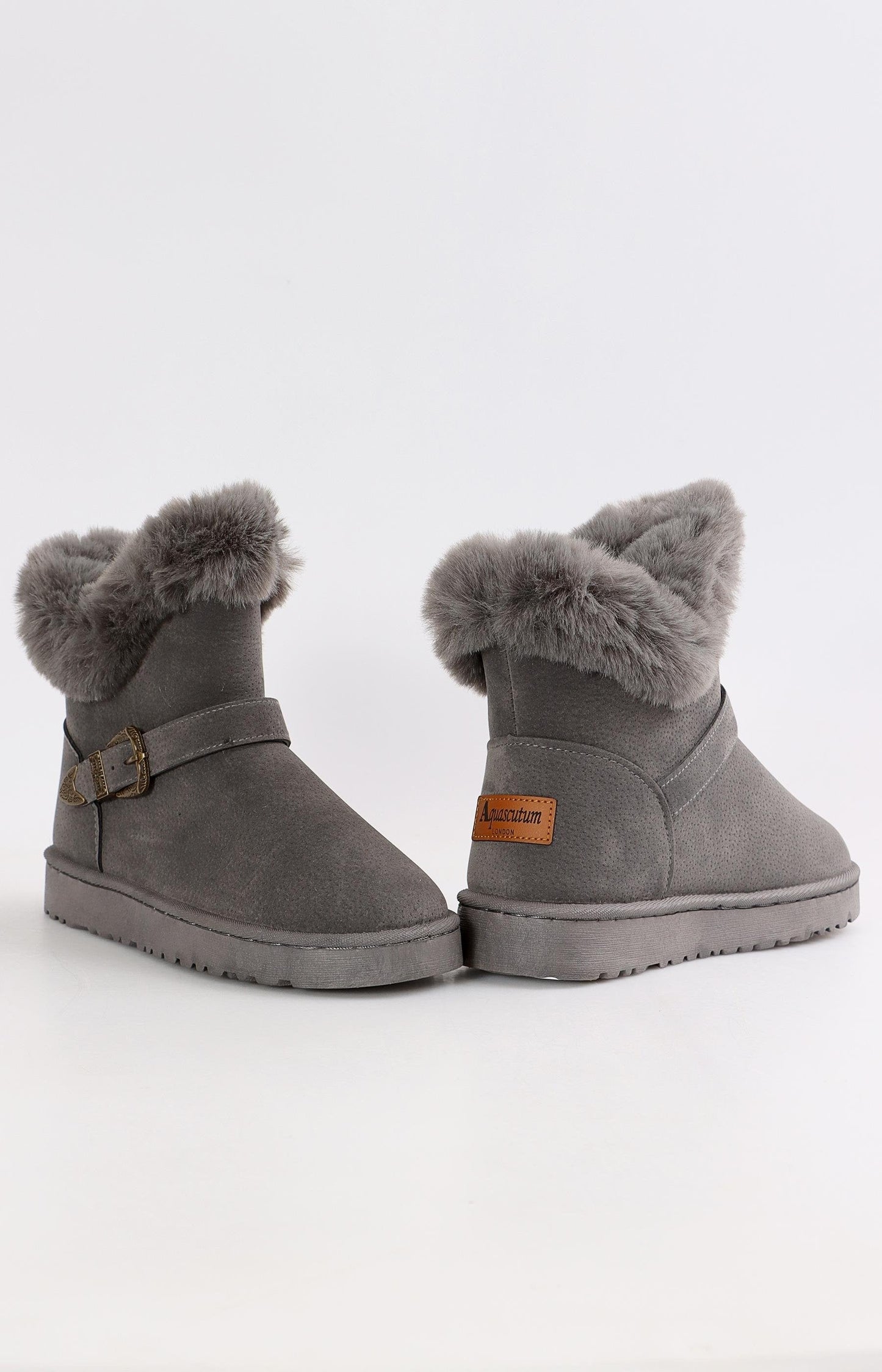 Ladies Ankle Strap Fluff Boots - Grey