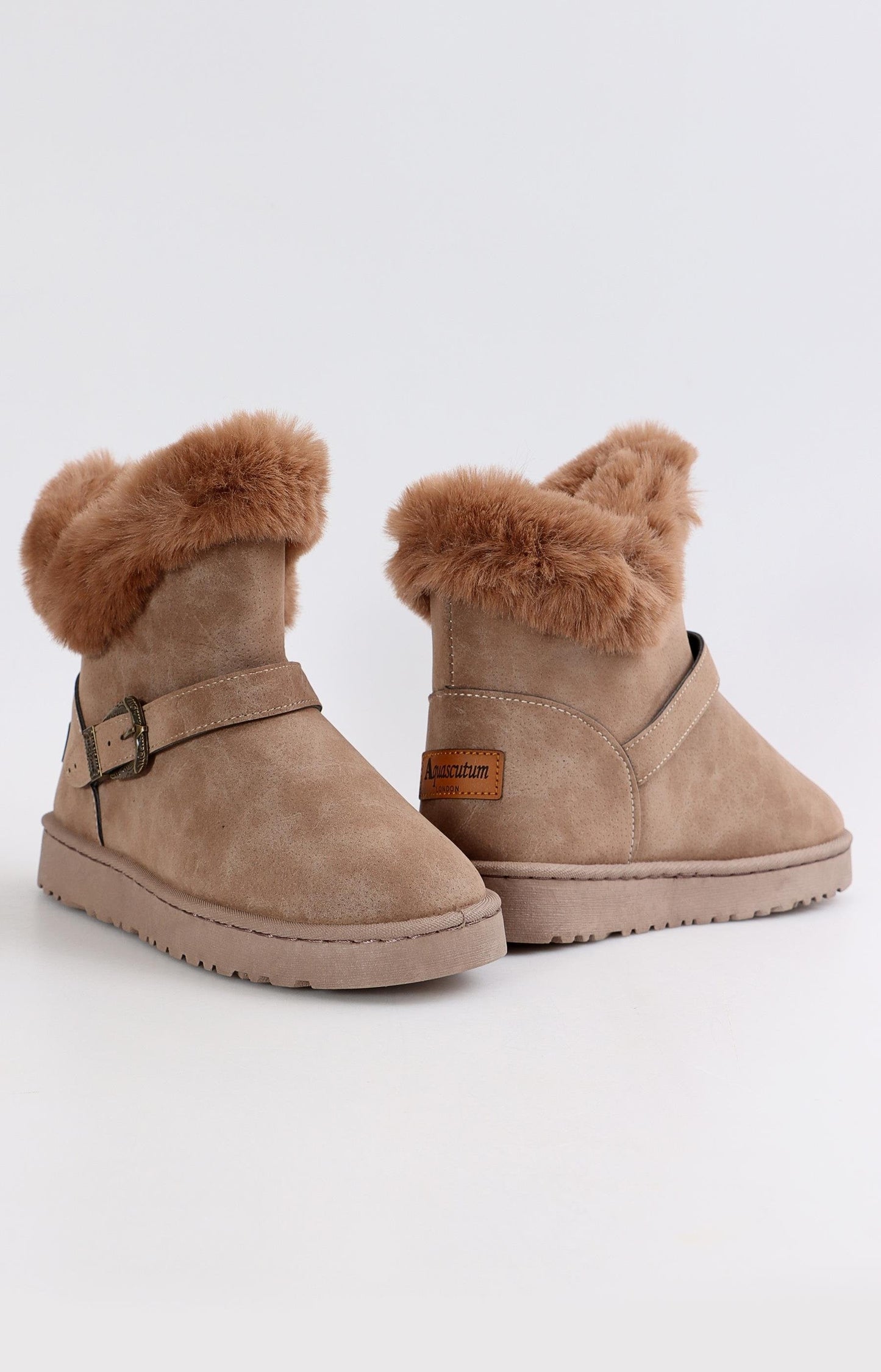 Ladies Ankle Strap Fluff Boots - Brown